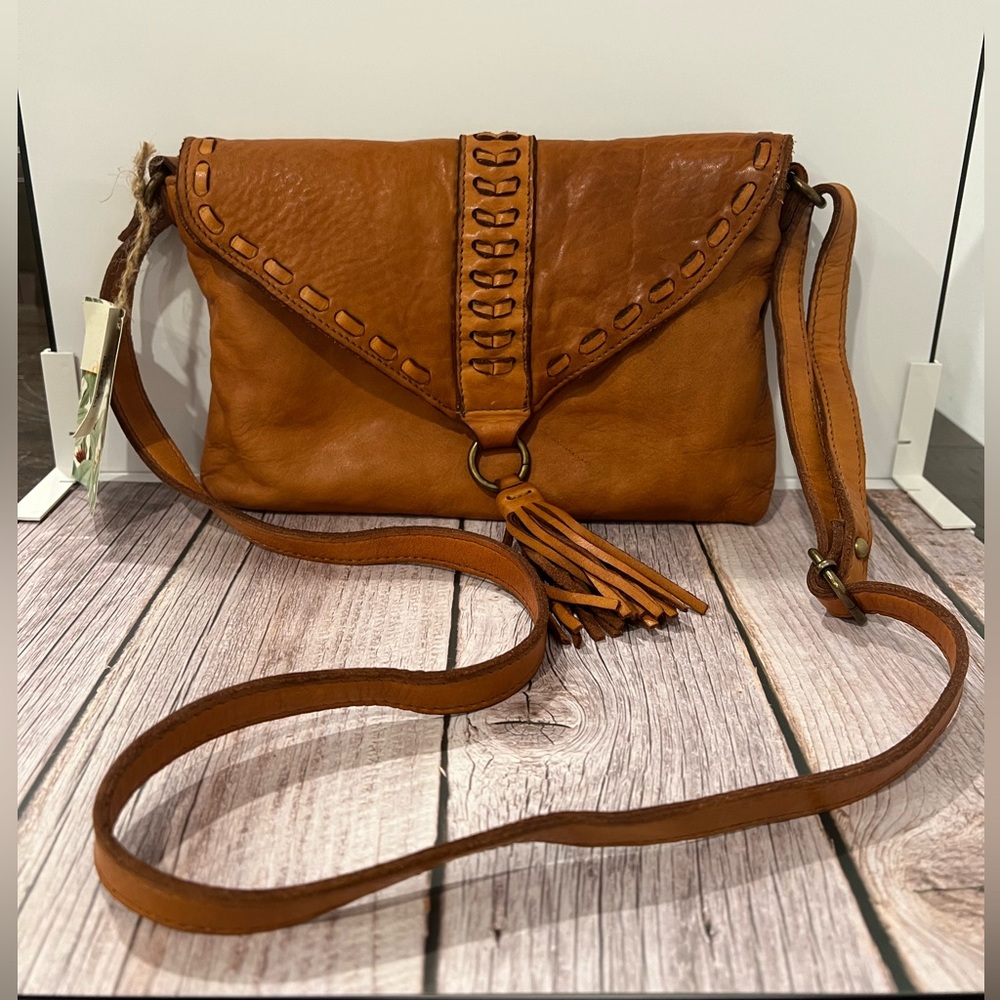 Italian Genuine Leather Camel Brown Boho Clutch Bag
